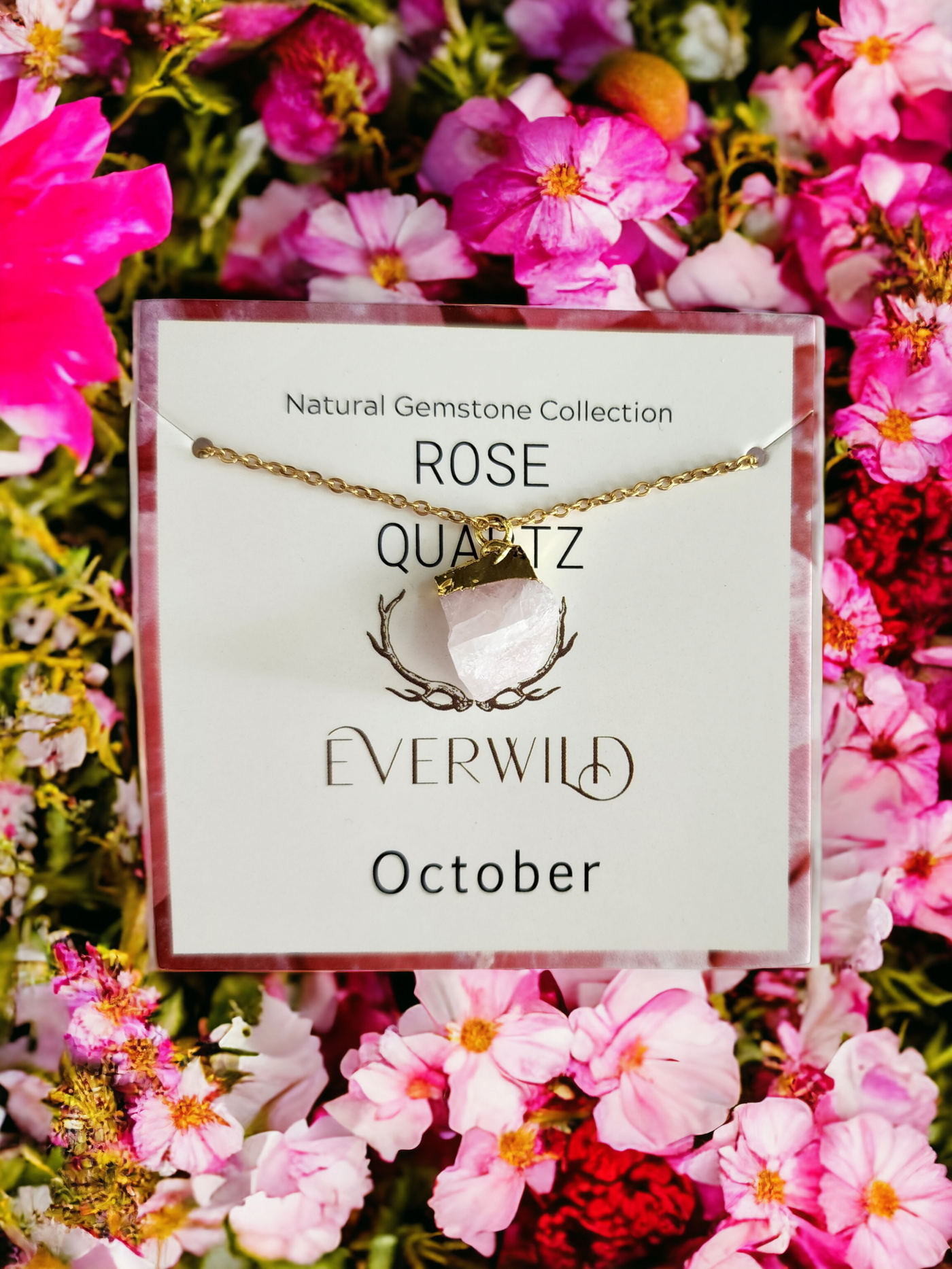 Raw Natural Gemstone Nugget Birthstone Necklace - October Rose Quartz