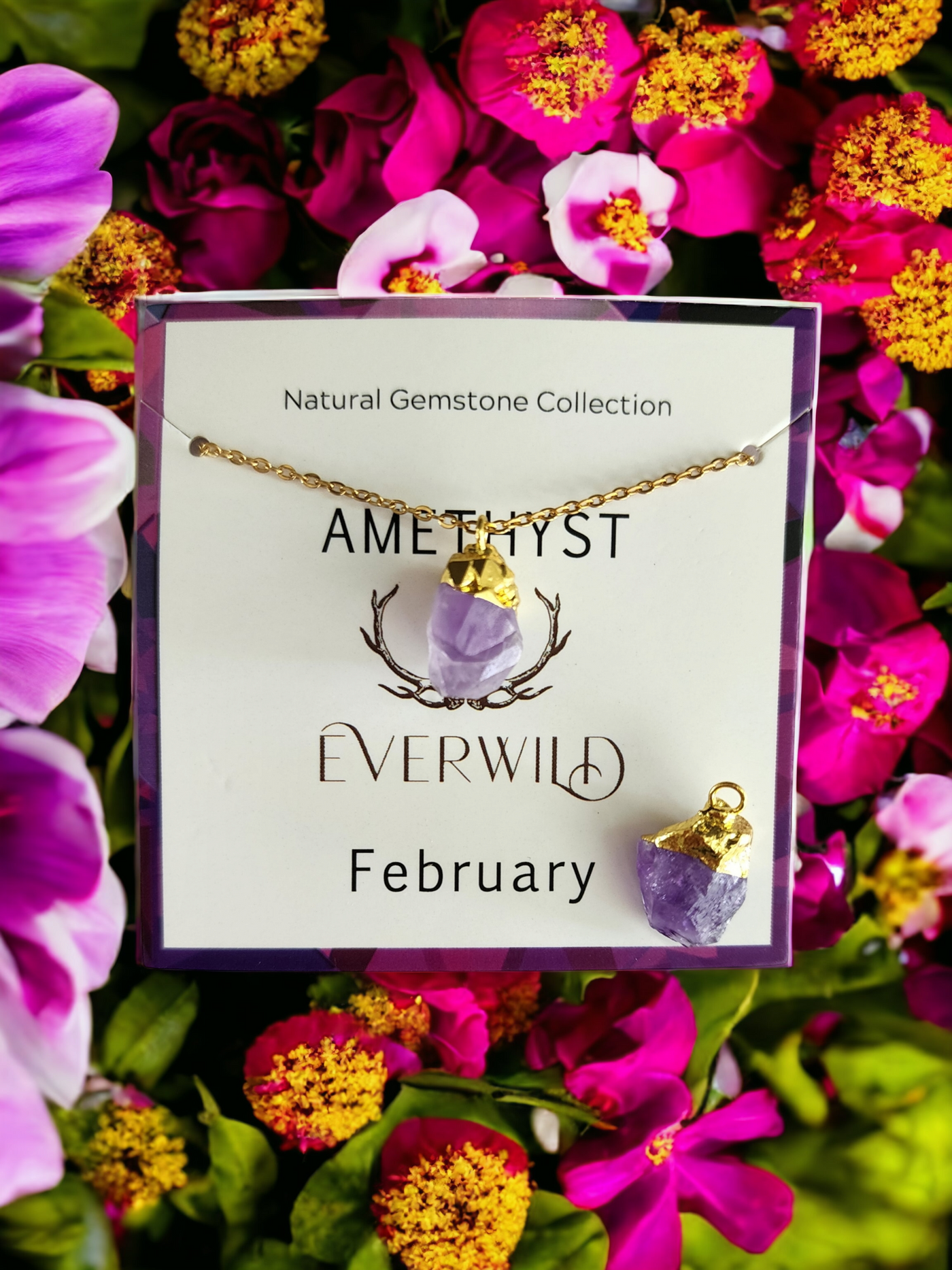 Raw Natural Gemstone Nugget Birthstone Necklace - February Amethyst