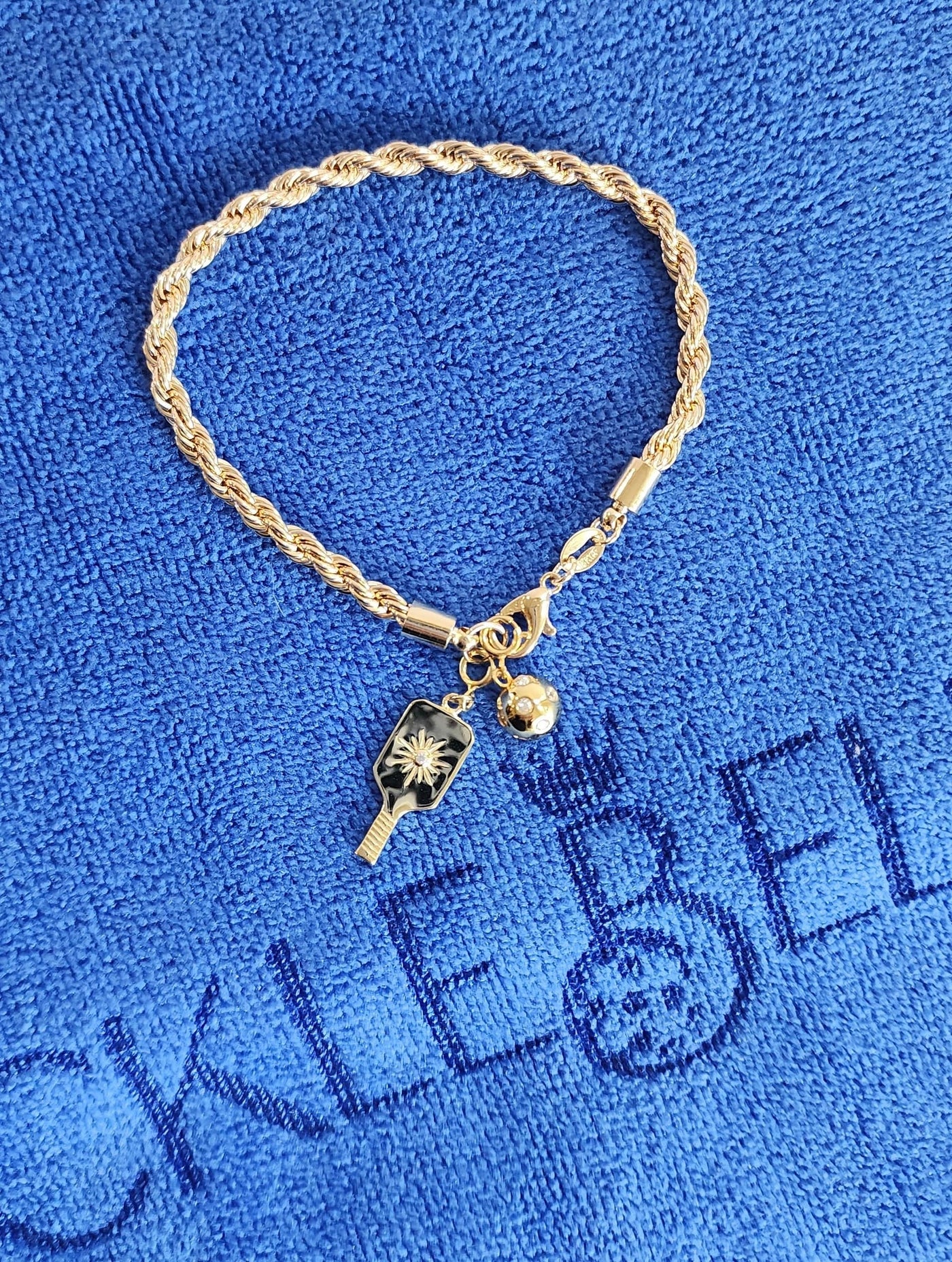 Pickleball Posh Player Paddle & Ball Charm Gold Bracelet