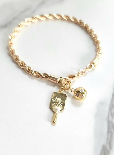 Pickleball Posh Player Paddle & Ball Charm Gold Bracelet