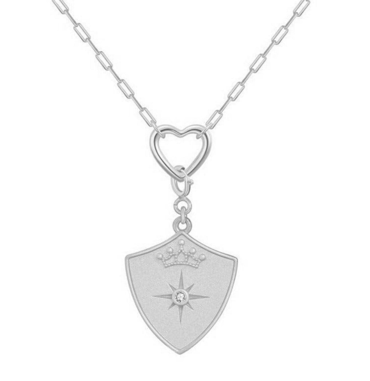 Saints Shield Crown Pendant Heart Necklace Silver