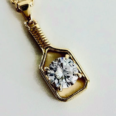 Fine Pickleball  Diamond Solitaire Solid 14K Gold Paddle Necklace Real