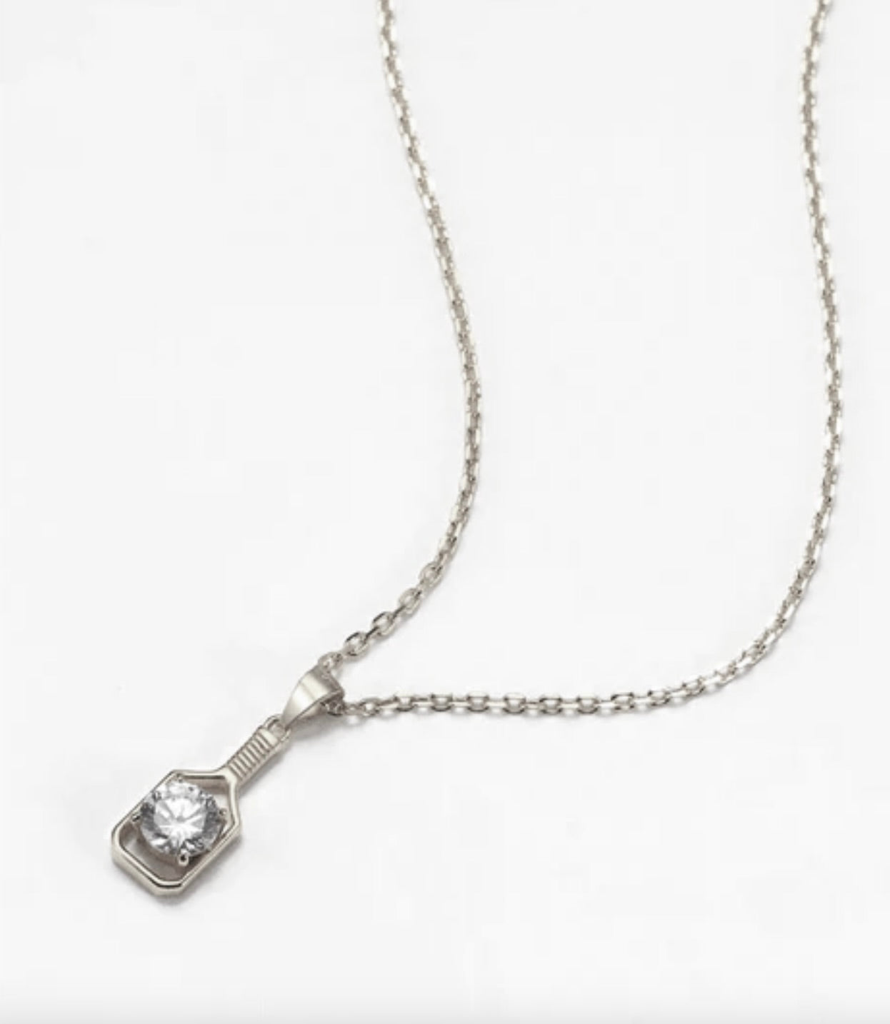 FINE Pickleball Sterling Silver Diamond Solitaire Paddle Necklace