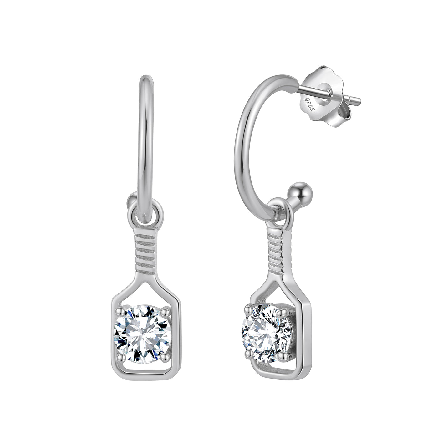 Pickleball Sparkle Paddle Hoop Earrings Silver