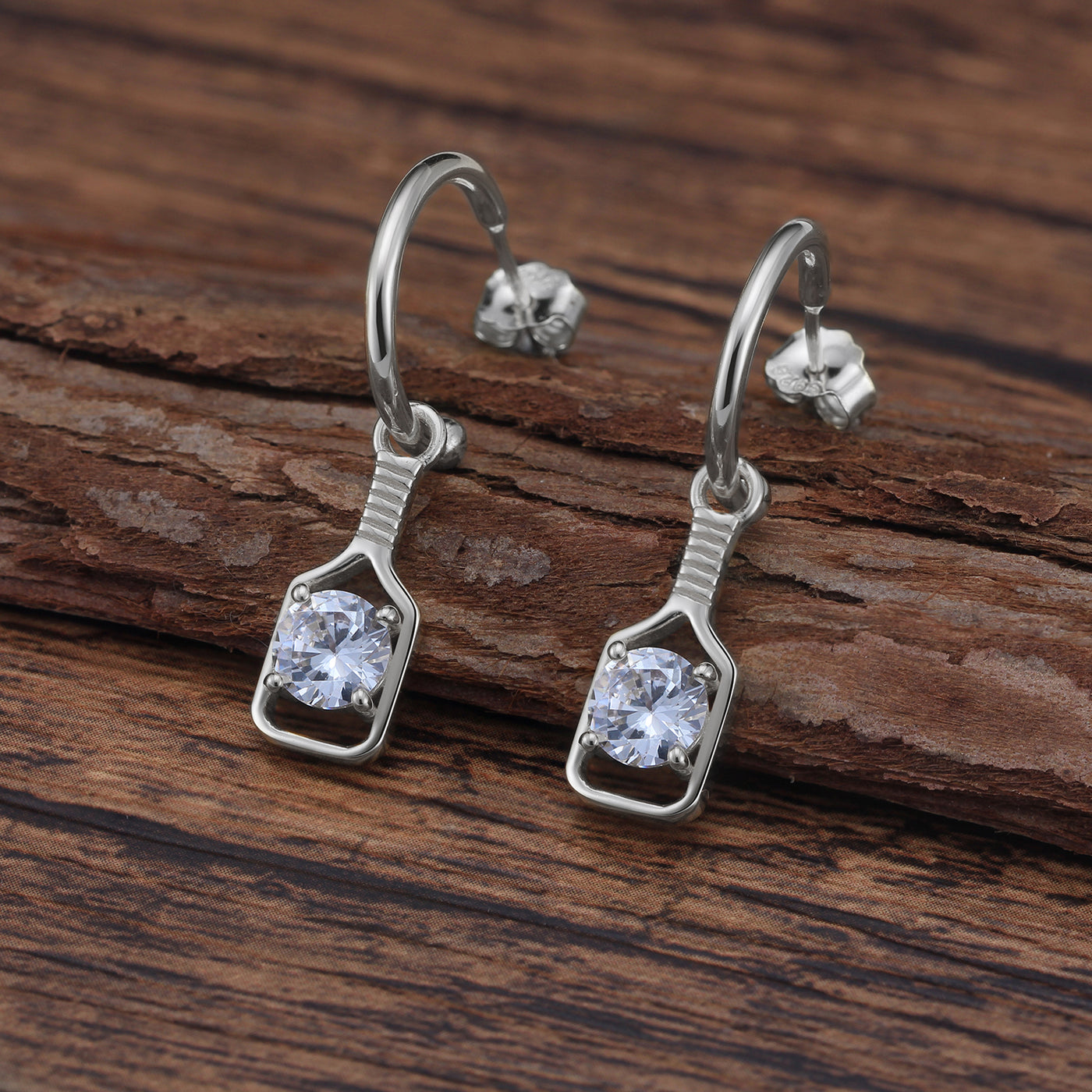 Pickleball Sparkle Paddle Hoop Earrings Silver