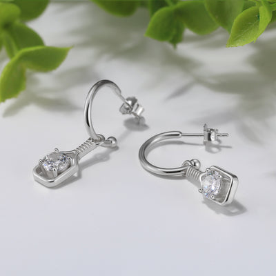 Pickleball Sparkle Paddle Hoop Earrings Silver