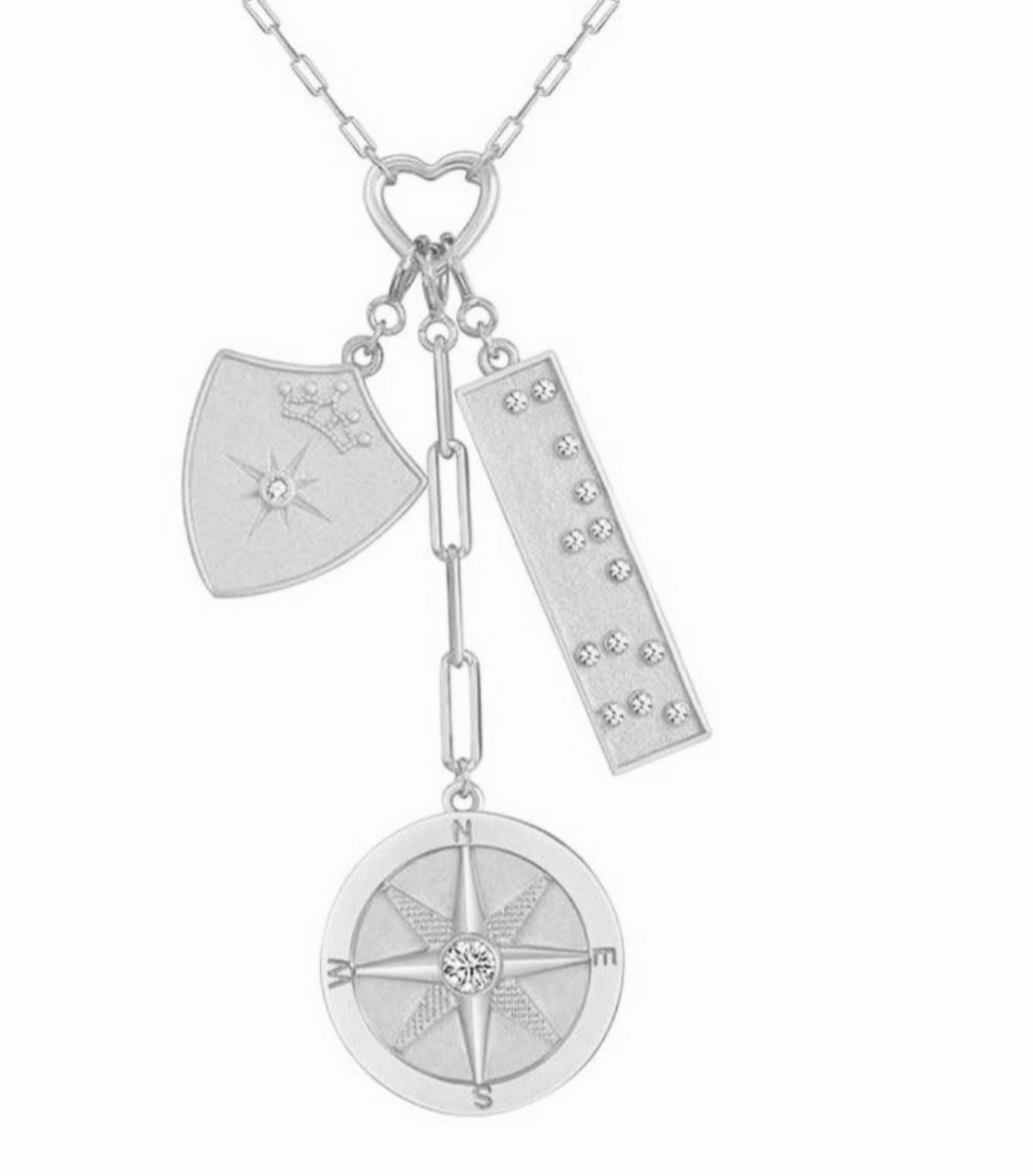 Compass, shield and Badass Braille pendant necklace, wanderer necklace, silver charms necklace, compass silver pendant, shield silver pendant