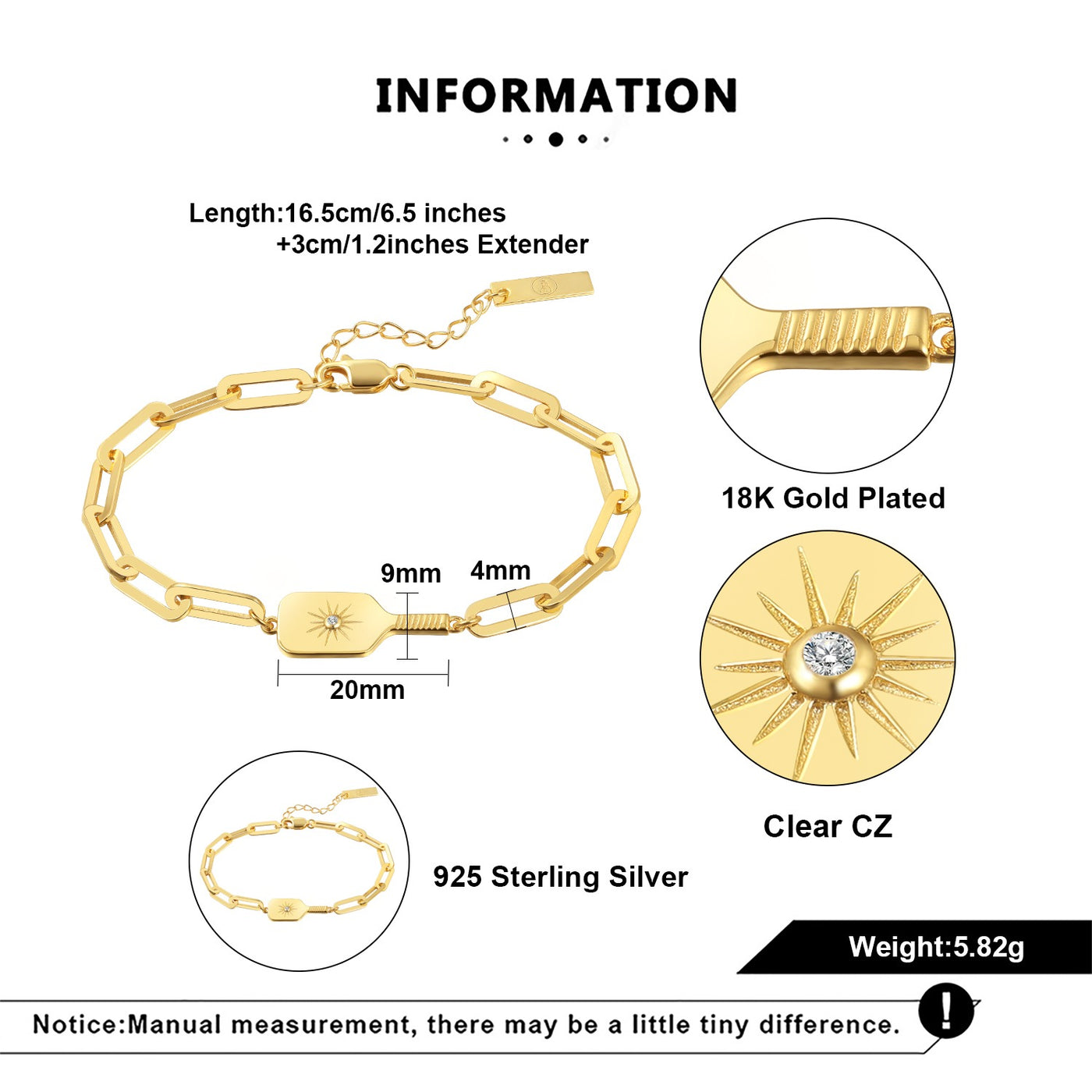 Pickleball Played On Paddle Charm Link Bracelet Gold
