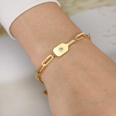 Pickleball Played On Paddle Charm Link Bracelet Gold