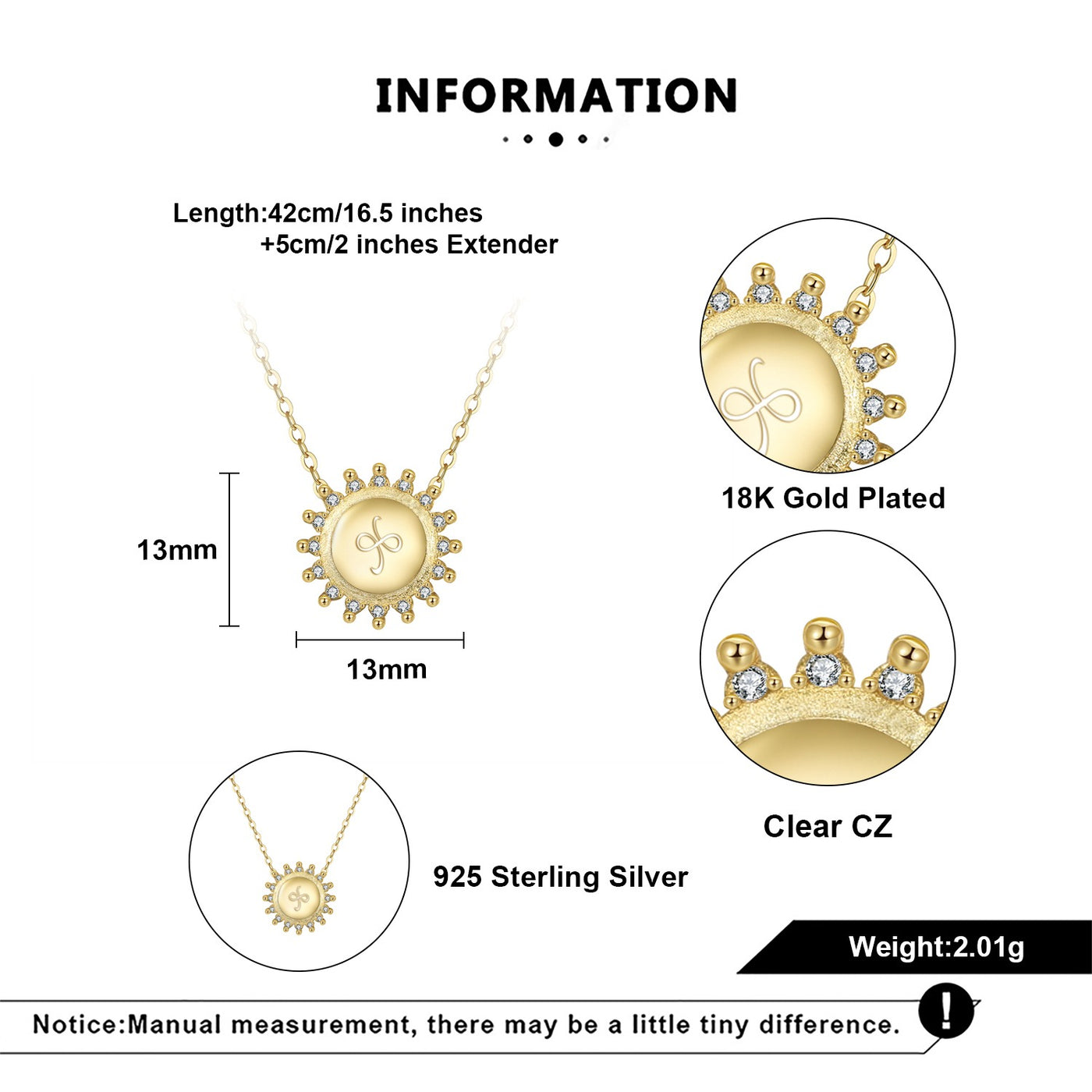 friendship necklace size and finish information