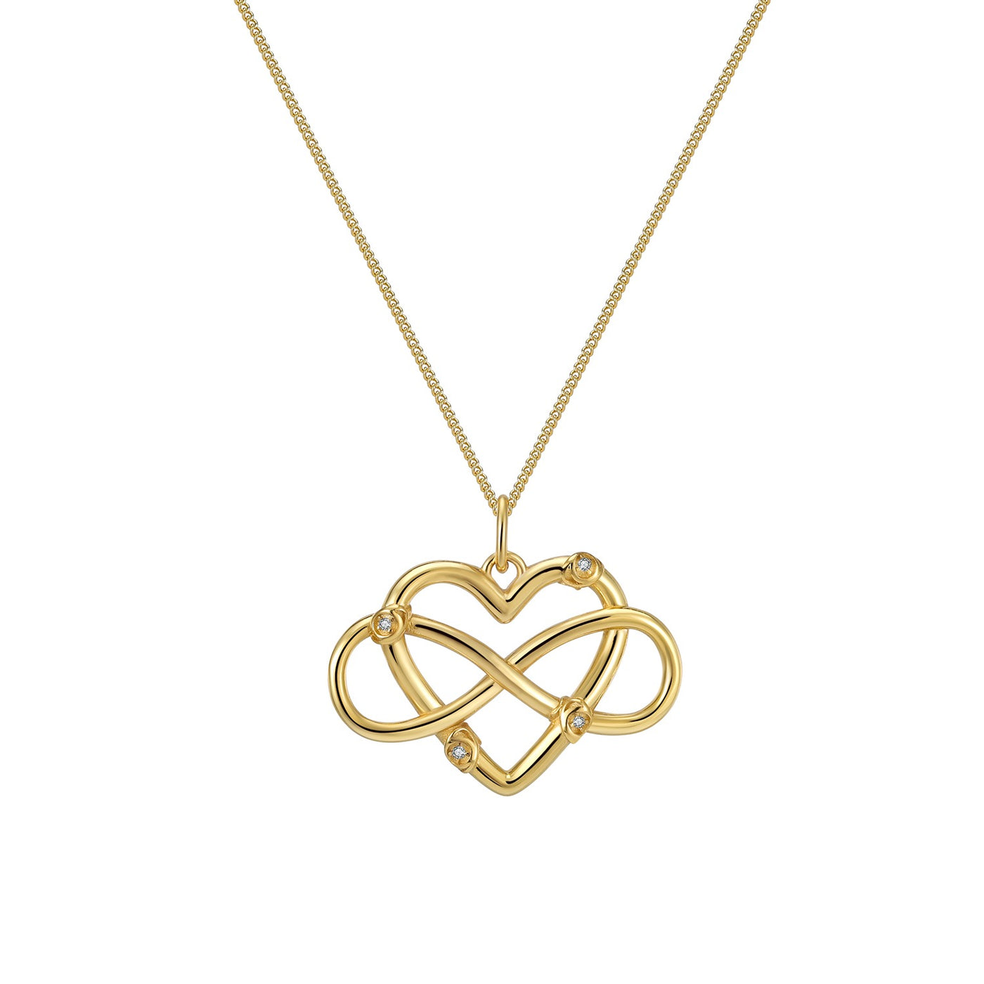 Gold necklace with a heart and infinity symbol pendant on a white background