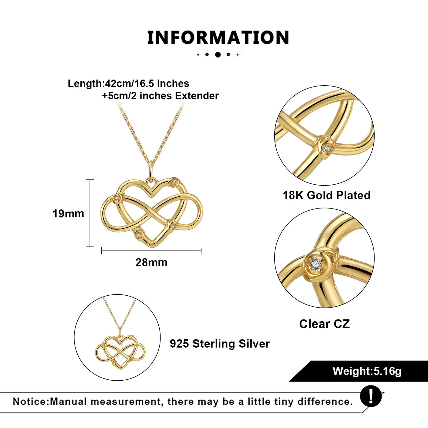 Gold necklace with infinity design, details on gold plating, material, and measurements.