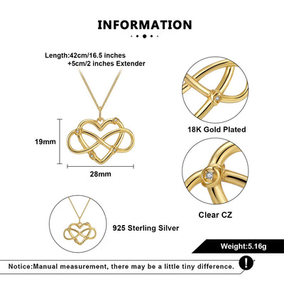 Gold necklace with infinity design, details on gold plating, material, and measurements.