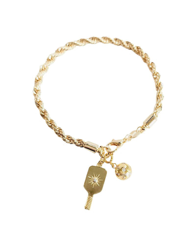 Pickleball Posh Player Paddle & Ball Charm Gold Bracelet