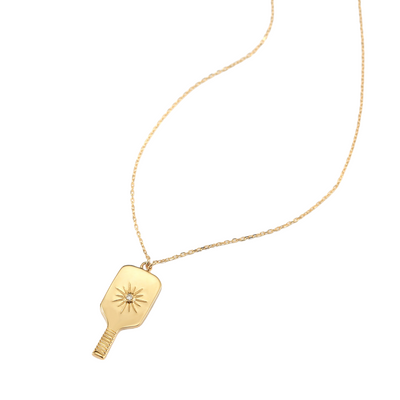 Fine Pickleball Paddle Pendant Necklace Solid 14k Gold with Diamond