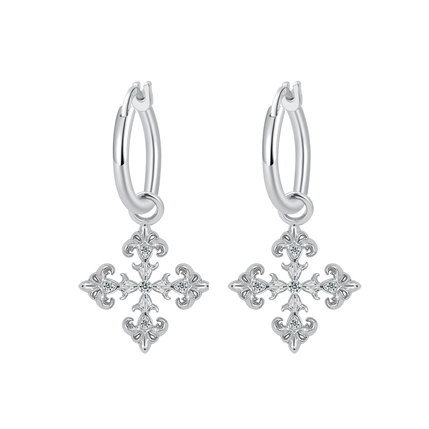 Saints Fleur De Lis Silver Cross Hoop Earrings