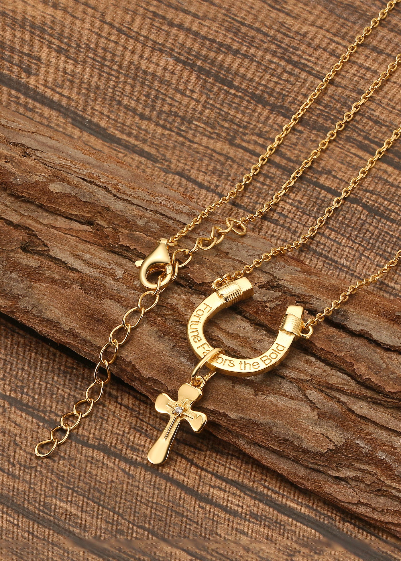 Dark Horse Fortune Favors The Bold faith Cross Gold Necklace