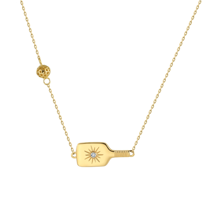 Fine Pickleball Dinker Necklace Solid 14k Gold with Diamond