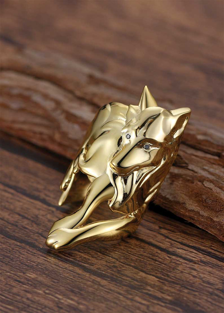 18k Gold Wolf Cuff Ring with Black Diamonds Everwild Designs