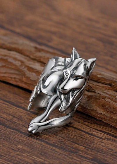 Everwild Courage Wolf Cuff Ring in silver with wolf motif