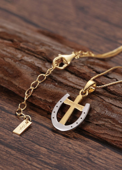 Dark Horse Rider's Prayer Mini Cross Necklace Gold/Silver on Gold Chain