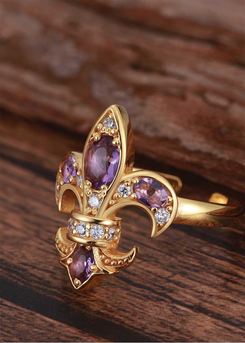 18K Gold Saints Fleur De Lis Amethyst Diamond Ring Everwild Designs
